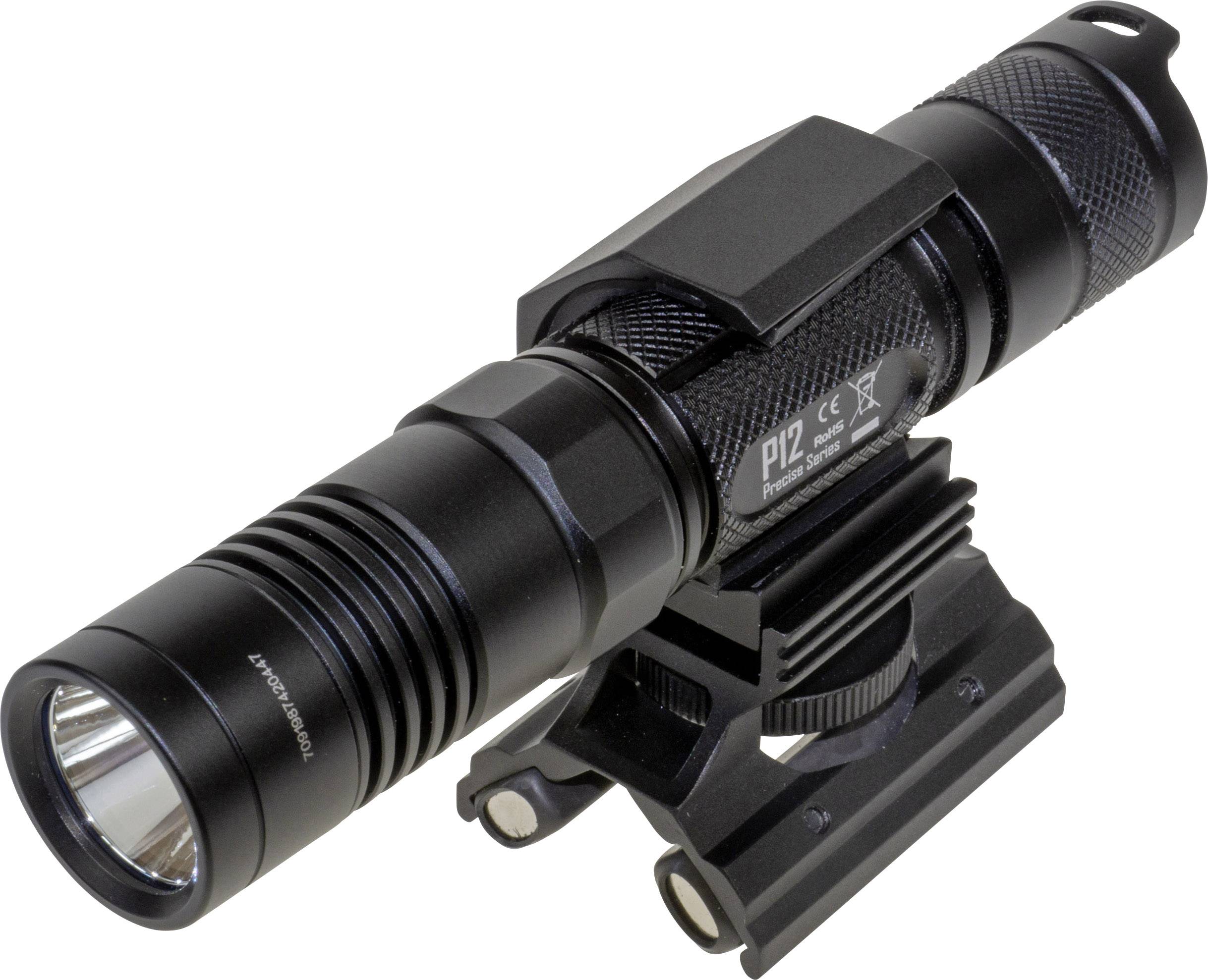 Lampe de poche LED noire avec support tactique, adaptée aux aventures de plein air ou aux situations d'urgence. Conçue de manière robuste et compacte.