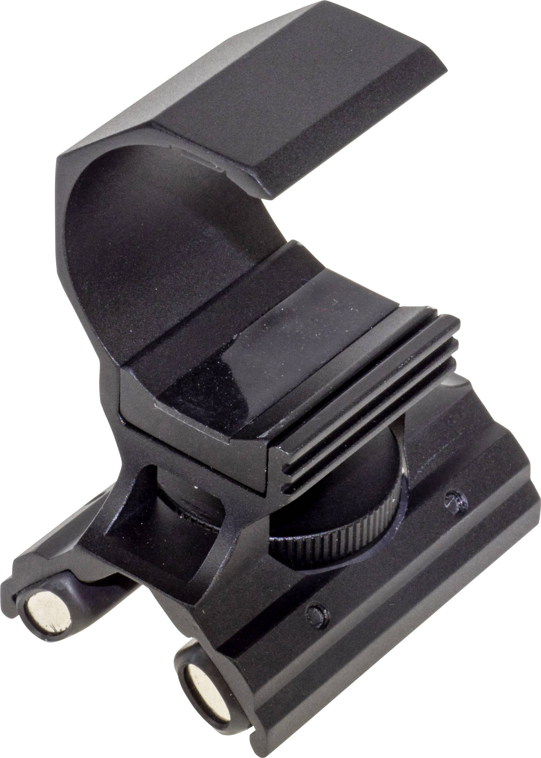 Support de montage tactique noir en métal avec bouton rotatif et rail, adapté pour la fixation d'armes ou d'équipements.