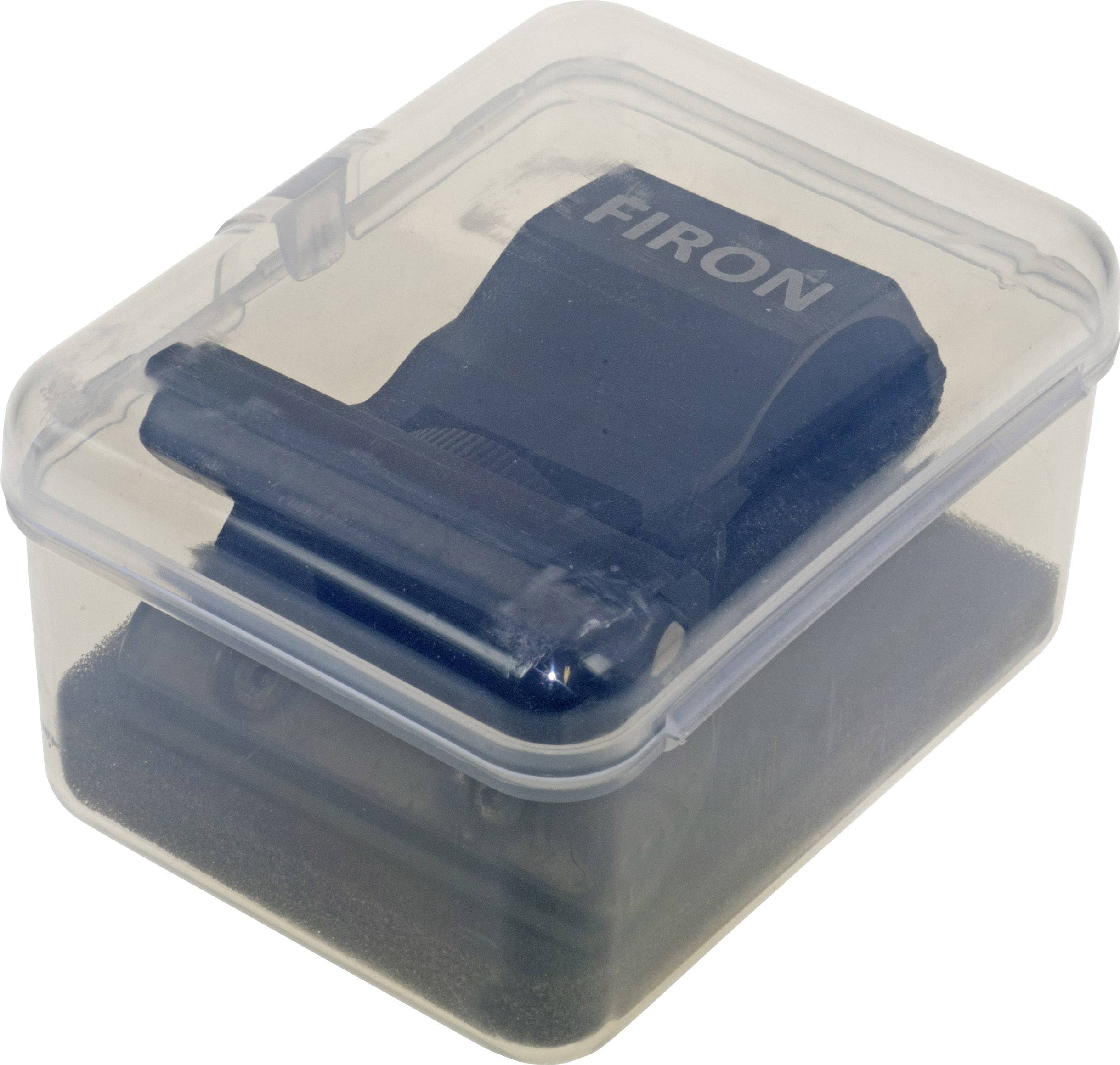 Un récipient en plastique transparent rectangulaire contient un appareil noir portant l'inscription 'FIRON' sur sa face supérieure.