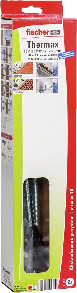 Emballage d'un système de fixation Fischer Thermax 16, présentant des détails techniques et des exemples d'application sur la face avant.