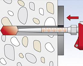 Représentation typique d'un ancrage à expansion installé dans un mur en béton. L'ancre se dilate lors du vissage.