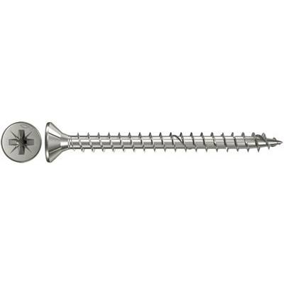 Une vis à tête cruciforme en métal argenté avec des filets pointus, alignée horizontalement.