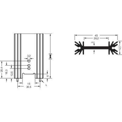 Dessin technique d'un dissipateur thermique avec dimensions linéaires et radiales. La vue présente les vues frontale et latérale avec des dimensions précises.