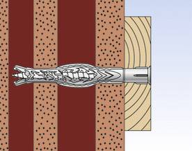 Illustration d'un cheville qui se dilate dans un mur pour maintenir fermement une planche en bois. Montre le mécanisme de fixation.