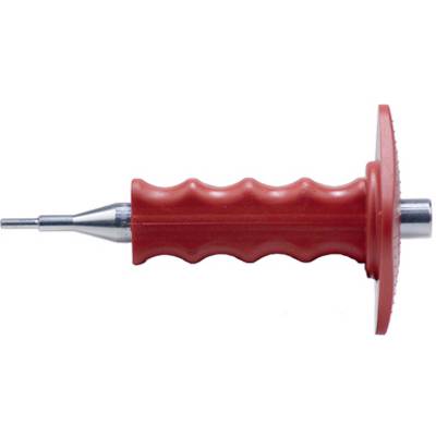Un stylo rouge avec une poignée striée et une pointe métallique acérée, posé horizontalement à plat.