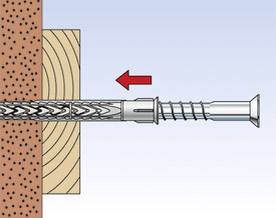 'Illustration d'un chevillet à expansion dans un mur, montrant l'ancrage et une flèche indiquant la direction de l'insertion.'