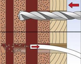 Une illustration montre une perceuse perçant un mur de briques et une surface en bois afin de faire passer un câble.