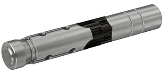 Cylindre métallique argenté, probablement un composant technique avec des segments structurés et une partie centrale sombre, sur un fond blanc.