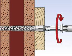 Illustration d'un goujon métallique vissé dans un mur, montrant son mode de fonctionnement avec un tournevis en rotation, représenté en coupe transversale.