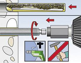 L'illustration montre comment une cheville est insérée dans un mur. Des flèches expliquent les mouvements de rotation et de traction, et les images mettent en garde contre l'utilisation d'un marteau.
