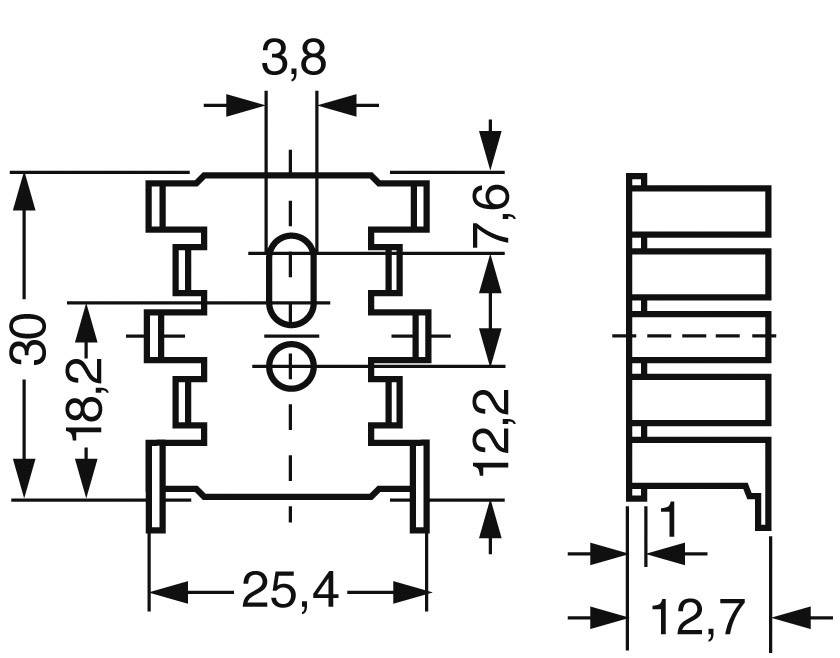 Plan coté d'un dissipateur thermique : vue de face et de côté. Comprend des dimensions de 30 mm de hauteur, 25,4 mm de largeur et 12,7 mm de profondeur.