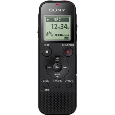 Un dictaphone portable noir de Sony avec un écran affichant 'REC' et une durée d'enregistrement de 12 minutes et 34 secondes.