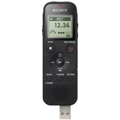 Un enregistreur audio numérique noir de Sony avec un écran affichant un enregistrement de 12 minutes et 34 secondes.