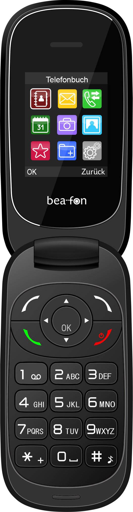 Un téléphone mobile pliable avec un grand clavier et un écran couleur, affichant des icônes d'applications telles que 'Répertoire', 'Appareil photo' et 'Messages'.