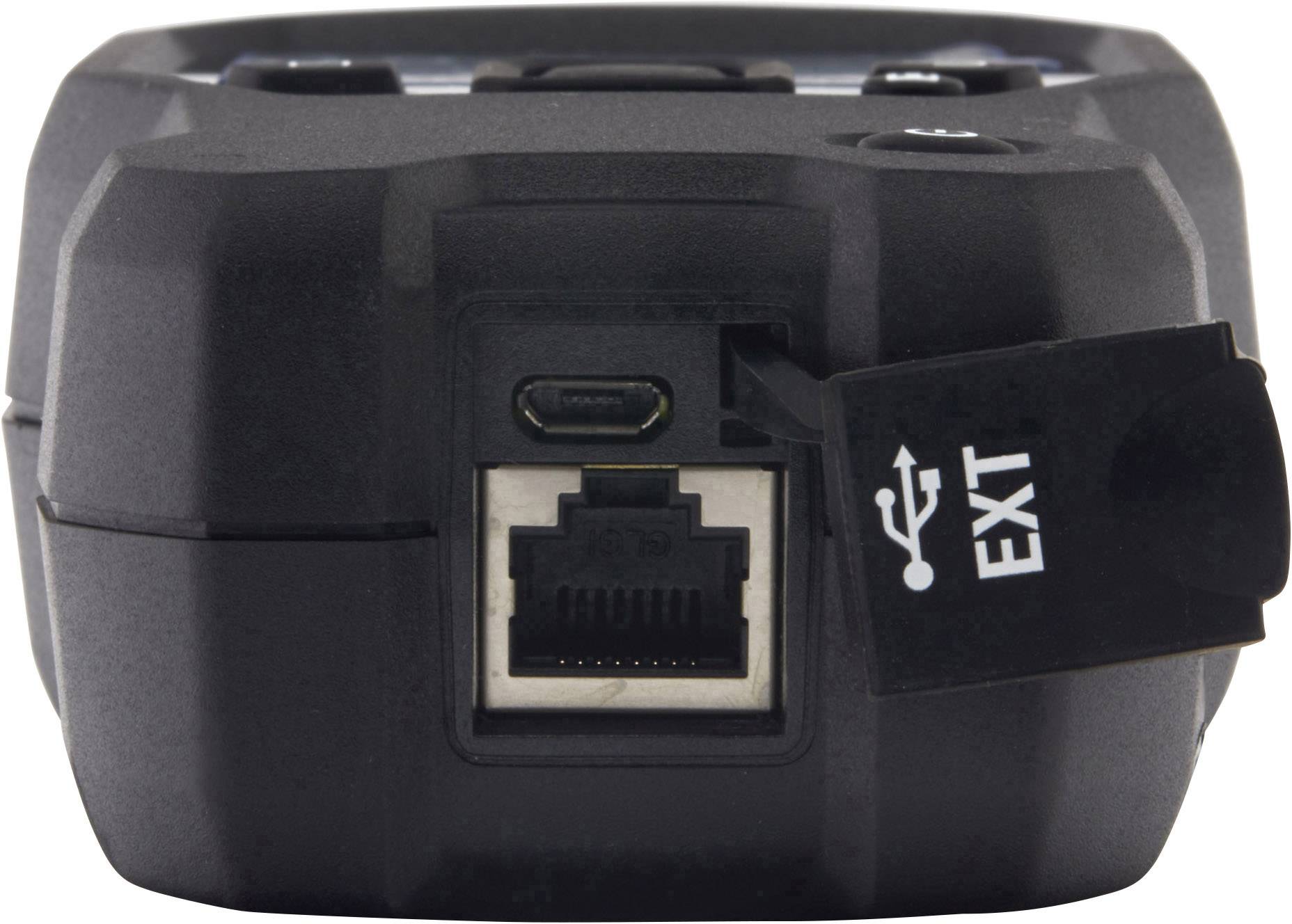 Appareil électronique noir avec un port USB ouvert et un port Ethernet à l'arrière.