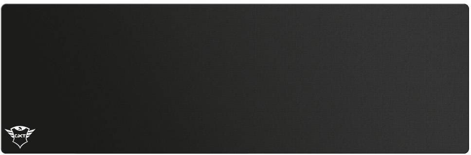 Grand tapis de souris rectangulaire noir avec un logo de marque dans le coin inférieur gauche.