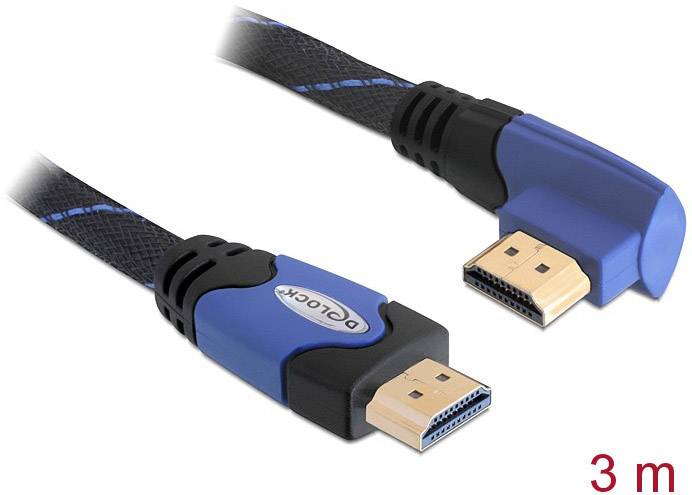 Câble HDMI avec connecteur coudé et gaine bleue. Longueur : 3 mètres. Adapté aux connexions vidéo et audio.