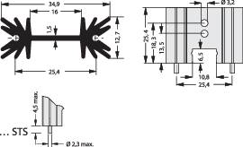 Dessin technique d'un composant électronique avec indications de dimensions. Présente une vue de face et une vue latérale avec des dimensions détaillées.