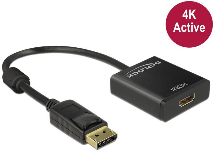 Câble adaptateur 'Delock' avec fiche DisplayPort et port HDMI, adapté pour transmission 4K. Étiquette rouge portant l'inscription '4K Active'.