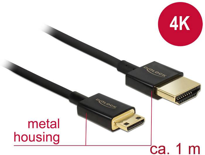 Câble HDMI de Delock avec support 4K. Une extrémité est un HDMI standard, l'autre un Micro-HDMI. Longueur d'environ 1 mètre, boîtier métallique.