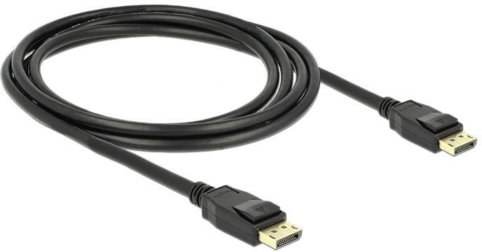 Un câble DisplayPort noir avec deux connecteurs à ses extrémités, adapté pour connecter des ordinateurs à des écrans.