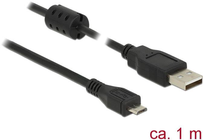 'Câble USB vers Micro-USB, noir, longueur d'environ 1 mètre, avec noyau de ferrite pour la suppression des interférences.'