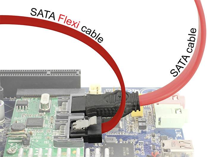 Deux câbles SATA, un câble SATA Flexi rouge et un câble SATA noir, connectés à une carte mère d'ordinateur.