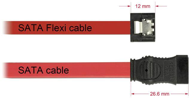 Deux câbles SATA : l'un avec connecteur flexible, l'autre standard. Le connecteur flexible fait 12 mm de large, le standard 26,6 mm de large.