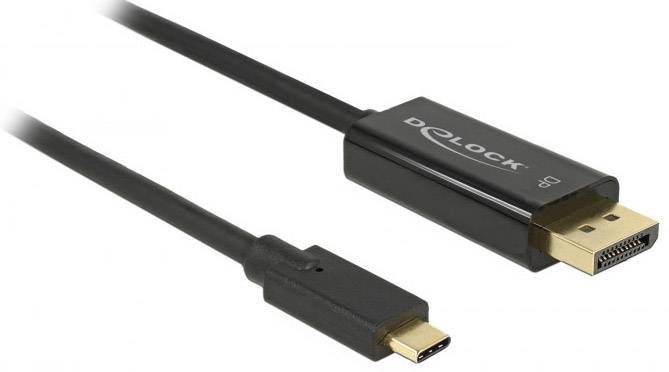 Adaptateur de câble USB-C vers DisplayPort, noir avec des connecteurs dorés, de la marque Deloock, permettant de connecter des appareils avec des interfaces différentes.