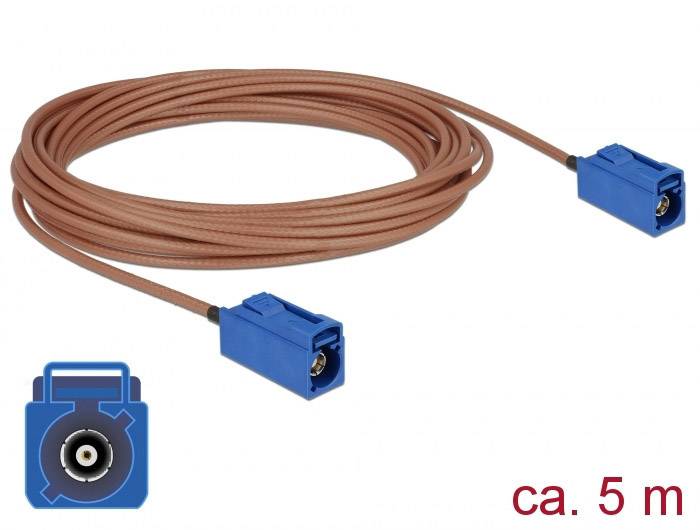 Câble d'antenne marron, d'environ 5 m de long, avec des connecteurs bleus aux deux extrémités, adapté aux applications multimédia.