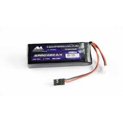 Un pack de batterie noir portant l'inscription 'Lipo 2400mAh 7.4V' avec deux câbles munis de connecteurs, adapté aux modèles radiocommandés.