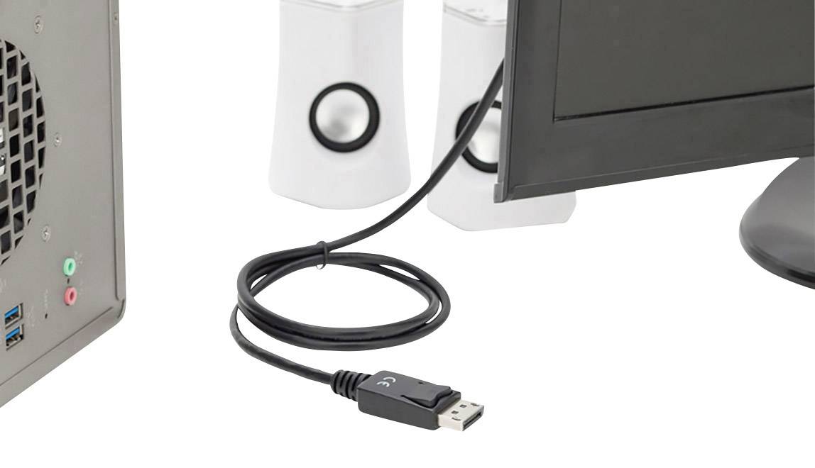 Un moniteur d'ordinateur connecté à deux haut-parleurs par un câble USB, le câble étant utilisé pour la transmission audio.