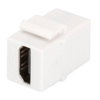 Un adaptateur de connecteur Keystone HDMI blanc utilisé pour connecter des câbles HDMI dans des plaques murales.