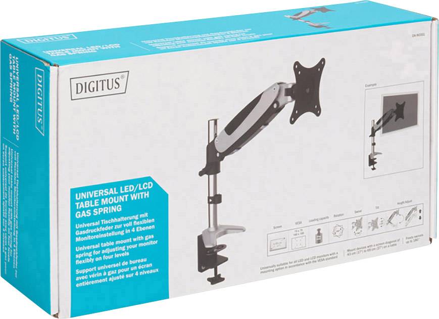 Emballage d'un support de table universel LED/LCD DIGITUS avec ressort à gaz. Adapté pour les écrans jusqu'à 8 kg. Emballage rétro avec image du support.