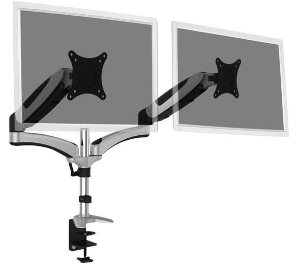 Deux écrans d'ordinateur fixés sur un support double réglable, attaché à une table par un pince, adapté pour un travail ergonomique.