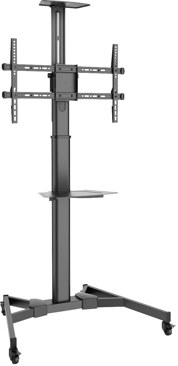 Un support TV mobile, réglable en hauteur, avec un cadre en métal et des roulettes, adapté aux grands écrans. Idéal pour les présentations.