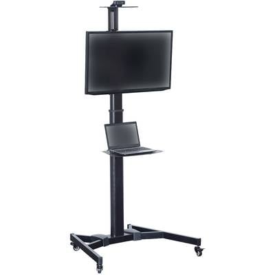 Support mobile avec grand écran en haut et support pour ordinateur portable en dessous. Adapté aux présentations dans des environnements flexibles.