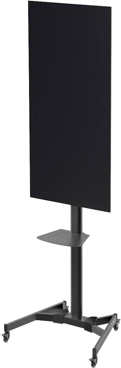 Tableau blanc noir, rectangulaire, monté sur un support réglable en hauteur avec roulettes, avec une petite tablette de rangement en dessous.