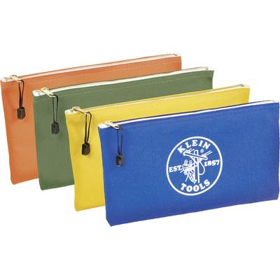 Trois petites pochettes à outils en Orange, Vert et Bleu avec une fermeture éclair jaune. La pochette bleue porte le logo 'Klein Tools'.
