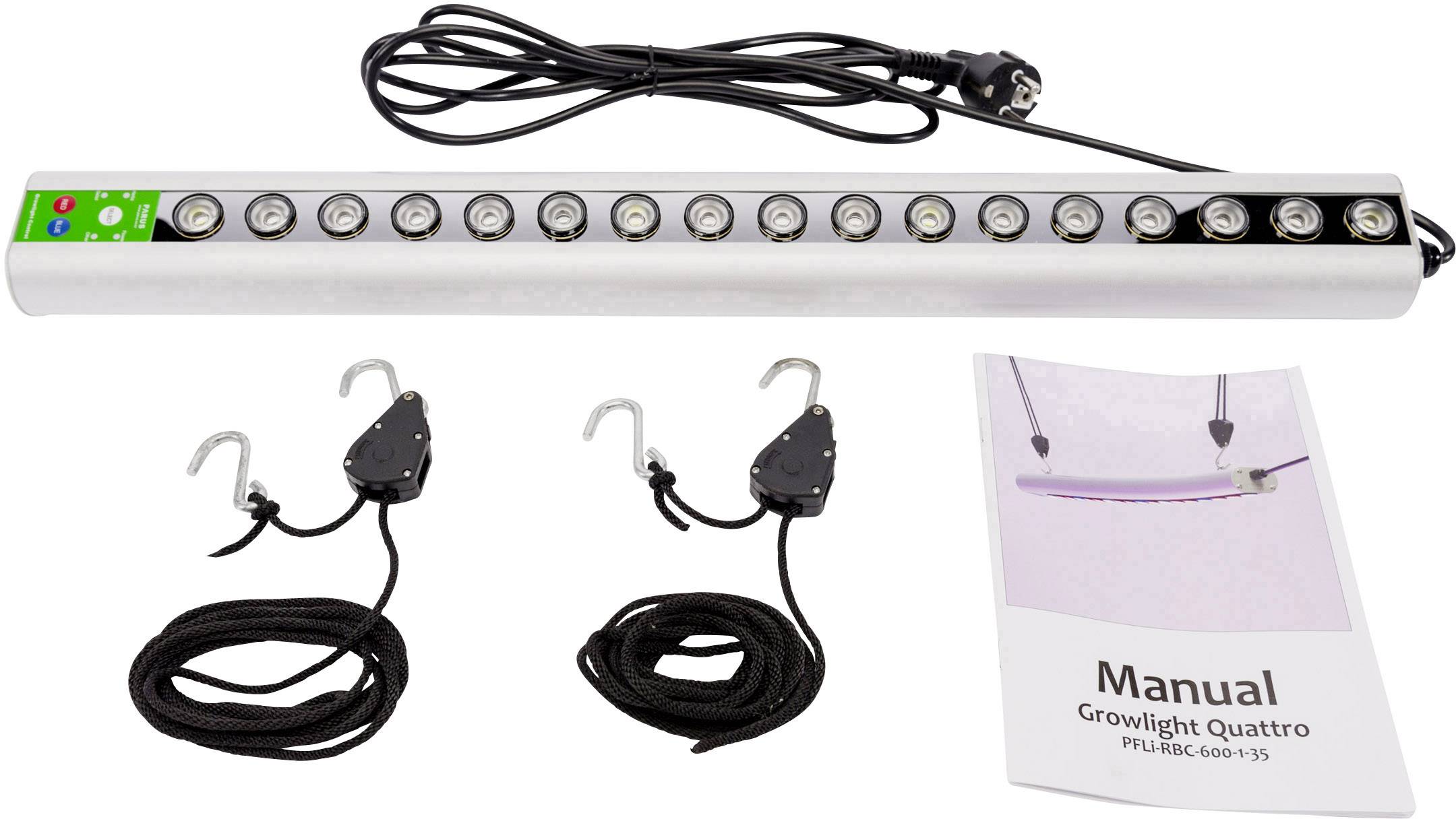 Un ensemble d'éclairage LED pour plantes avec 13 lumières, deux supports de suspension à câble et un manuel d'instructions sur un fond blanc.