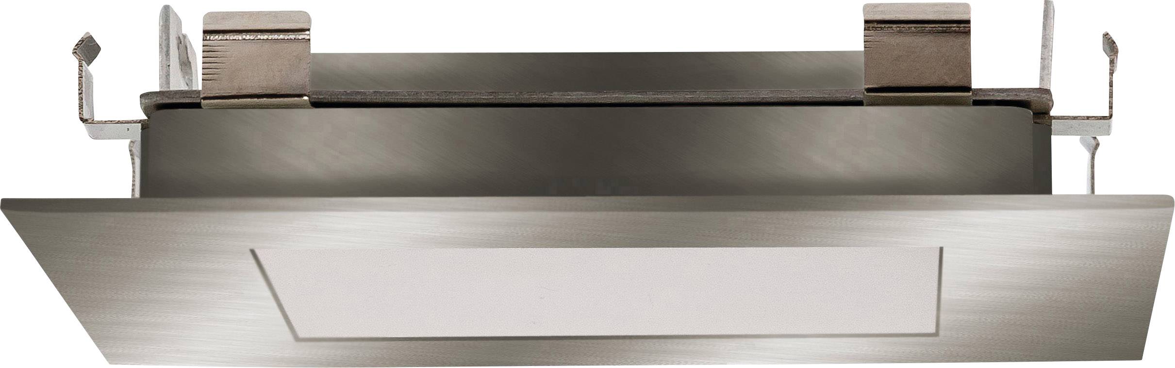 Luminaire encastré LED carré en métal brossé avec un panneau lumineux blanc au centre, conçu pour un éclairage intérieur moderne.