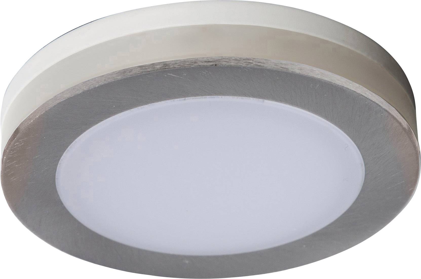Plafonnier LED rond à cadre argenté et diffuseur blanc, adapté à l'éclairage intérieur.
