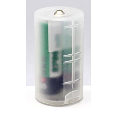 Un boîtier de batterie transparent qui entoure une pile AA plus petite pour faire office de batterie de plus grande taille.