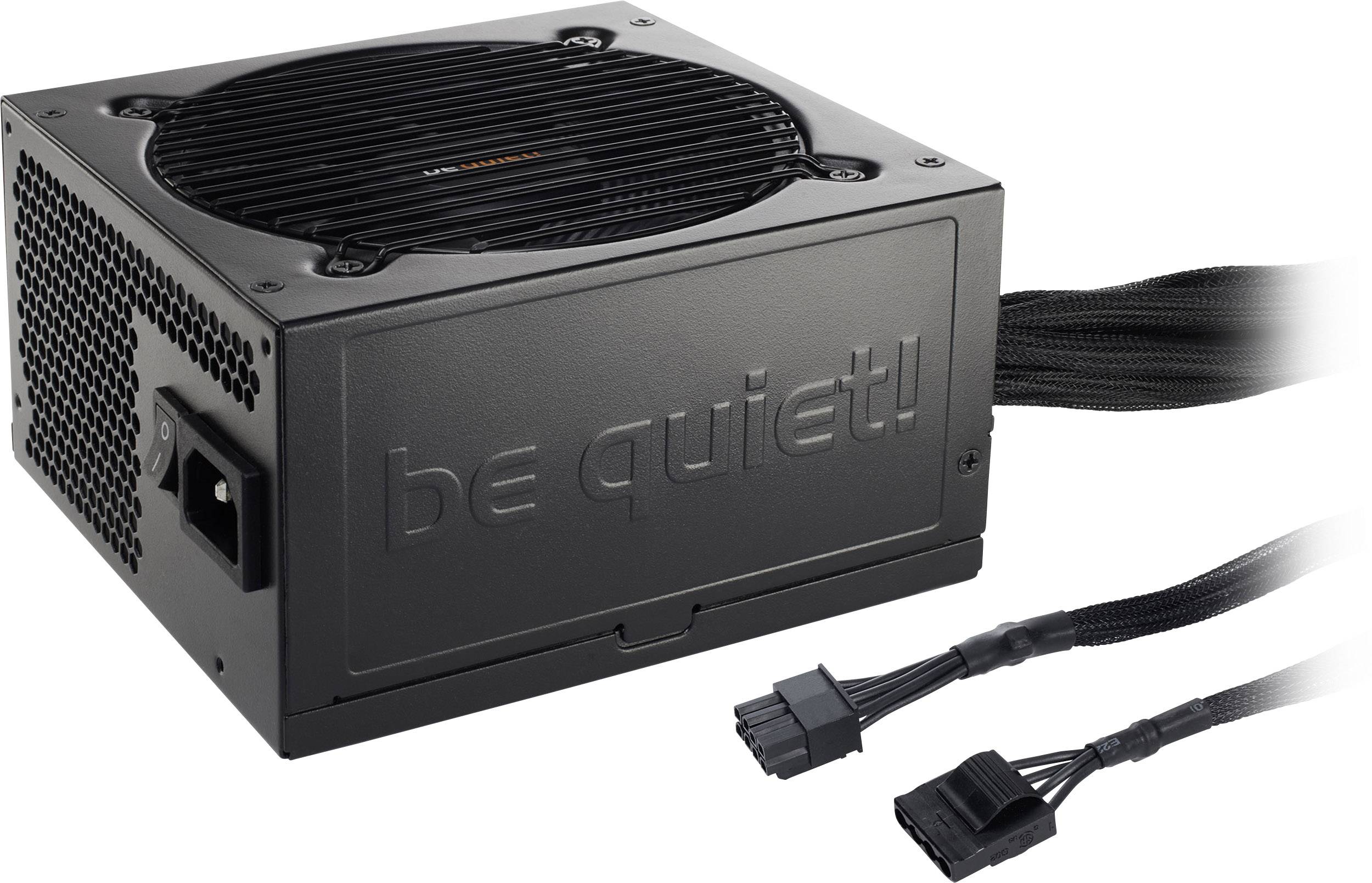 Un bloc d'alimentation noir de la marque 'be quiet!' avec plusieurs câbles de connexion.