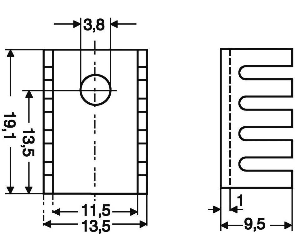 Dessin technique d'un dissipateur thermique avec dimensions : hauteur 19,1 mm, largeur 13,5 mm, ouvertures et épaisseur indiquées avec précision.