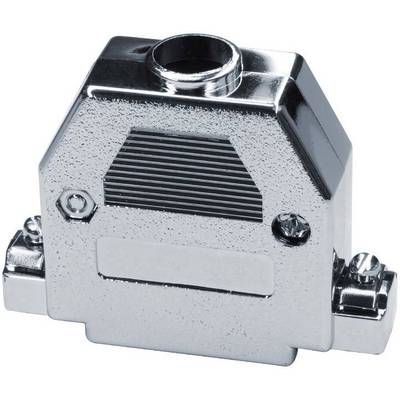 Boîtier de connecteur métallique avec surface supérieure rainurée, deux vis latérales et une ouverture centrale en haut, surface brillante.