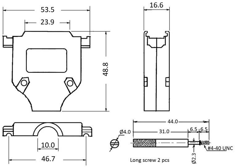 Dessin technique d'un dispositif avec dimensions en millimètres. Dimensions principales : largeur 53,5, hauteur 48,8. Détails des vis inclus.