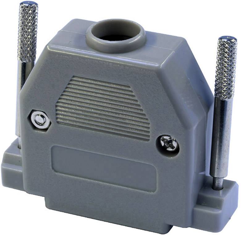 Un boîtier rectangulaire en plastique gris avec deux vis métalliques et une ouverture en haut, probablement utilisé dans des connexions électroniques.