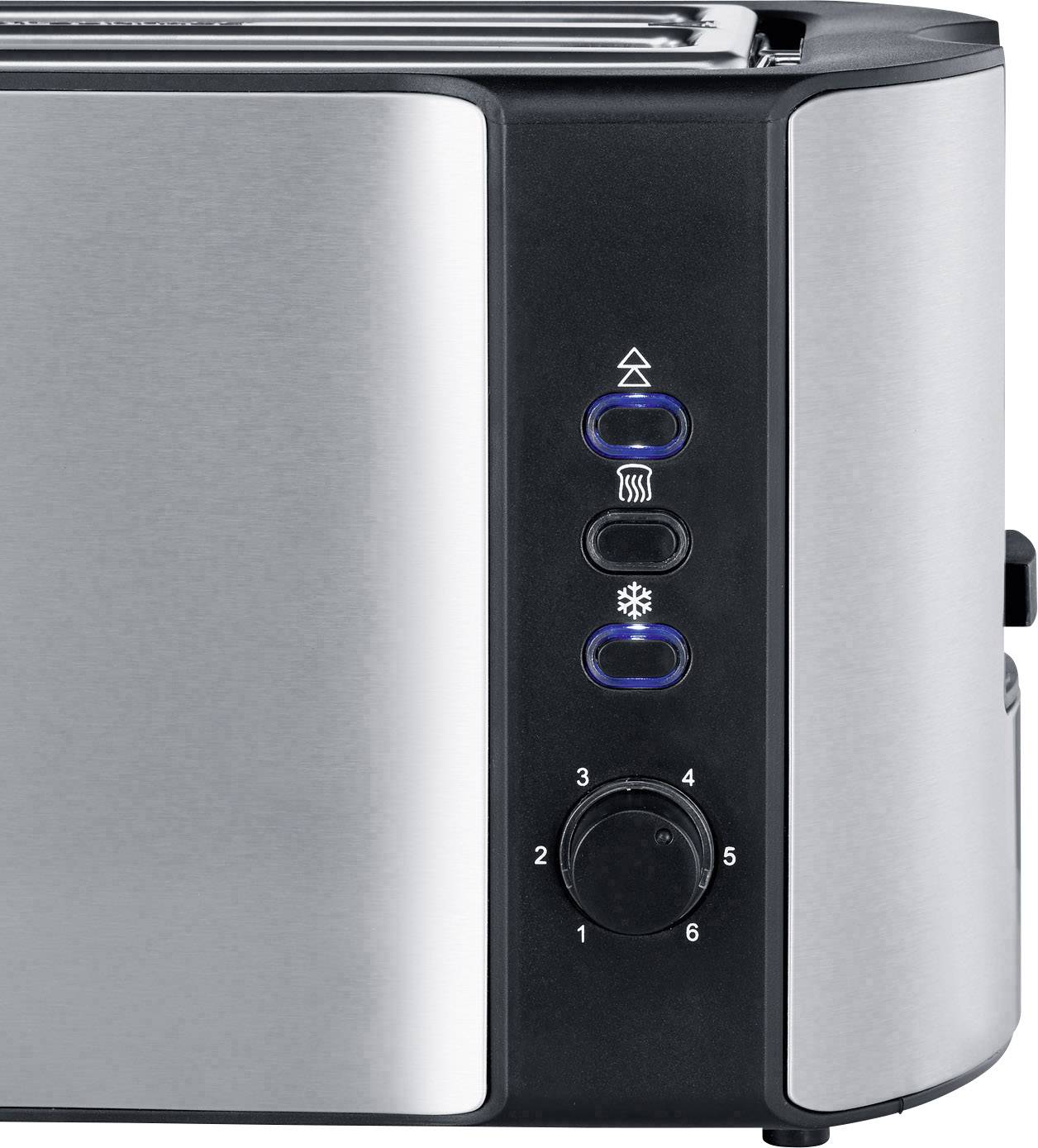 Grille-pain en argent avec des touches noires, affichant des boutons de commande pour le niveau de brunissage, le décongélation et le réchauffage sur le côté.