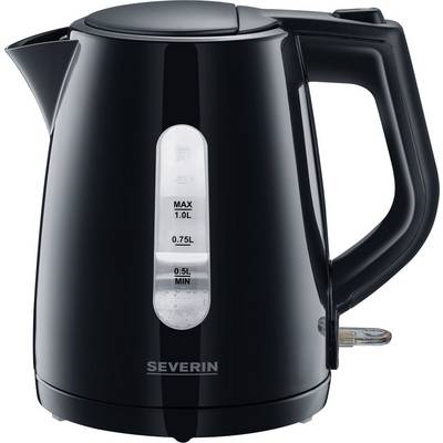 Bouilloire électrique noire d'une capacité de 1,0 litre. Un indicateur de niveau d'eau transparent affiche les repères de niveau minimum et maximum.